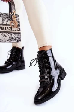 Damskie Damskie buty S.Barski Klasyczne Lakierowane Damskie Ocieplane Botki Czarne Grimma