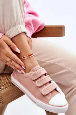 Damskie Big Star Shoes Klasyczne Materiałowe Tenisówki Na Rzepy Big Star LL274A200 Różowe