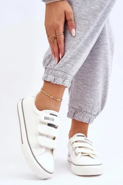 Big Star Shoes Trampki Damskie Big Star|Trampki Damskie Niskie*Klasyczne Materiałowe Tenisówki Na Rzepy Big Star LL274A203 Białe