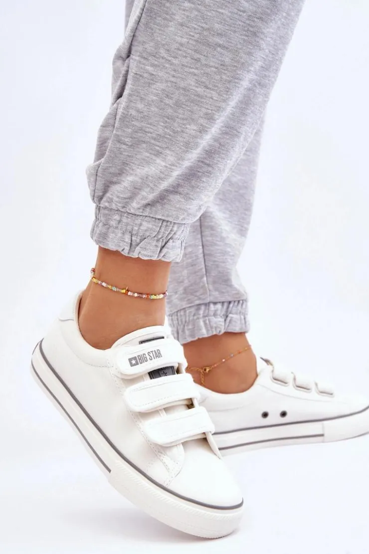 Big Star Shoes Trampki Damskie Big Star|Trampki Damskie Niskie*Klasyczne Materiałowe Tenisówki Na Rzepy Big Star LL274A203 Białe