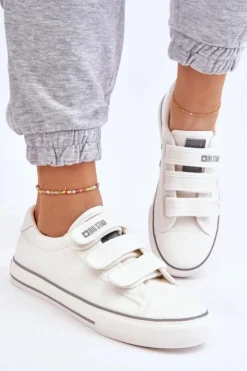 Big Star Shoes Trampki Damskie Big Star|Trampki Damskie Niskie*Klasyczne Materiałowe Tenisówki Na Rzepy Big Star LL274A203 Białe