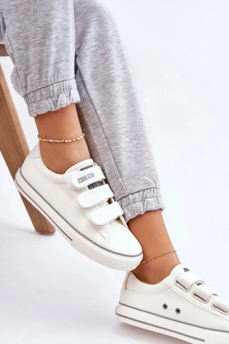 Big Star Shoes Trampki Damskie Big Star|Trampki Damskie Niskie*Klasyczne Materiałowe Tenisówki Na Rzepy Big Star LL274A203 Białe