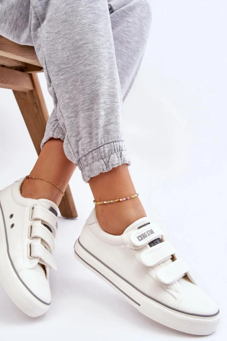 Big Star Shoes Trampki Damskie Big Star|Trampki Damskie Niskie*Klasyczne Materiałowe Tenisówki Na Rzepy Big Star LL274A203 Białe