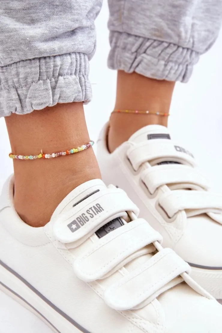 Big Star Shoes Trampki Damskie Big Star|Trampki Damskie Niskie*Klasyczne Materiałowe Tenisówki Na Rzepy Big Star LL274A203 Białe