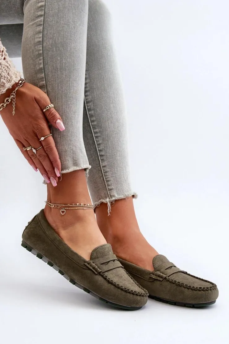 Evento Loafersy Damskie|Mokasyny Damskie Zamszowe*Klasyczne Mokasyny Damskie Zamszowe Ciemnozielone Glimris Zielony