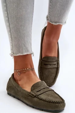 Evento Loafersy Damskie|Mokasyny Damskie Zamszowe*Klasyczne Mokasyny Damskie Zamszowe Ciemnozielone Glimris Zielony