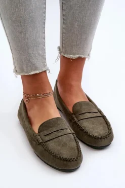 Evento Loafersy Damskie|Mokasyny Damskie Zamszowe*Klasyczne Mokasyny Damskie Zamszowe Ciemnozielone Glimris Zielony