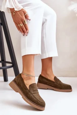 Boto Loafersy Damskie|Mokasyny Damskie Zamszowe*Klasyczne Mokasyny Damskie Z Eko Zamszu Ciemnozielone Belania