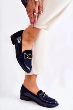 Hot Laura Messi Klasyczne Mokasyny Z Łańcuchem 2531 Granatowe