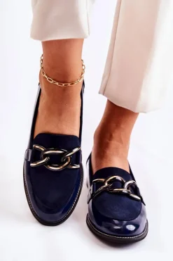 Hot Laura Messi Klasyczne Mokasyny Z Łańcuchem 2531 Granatowe