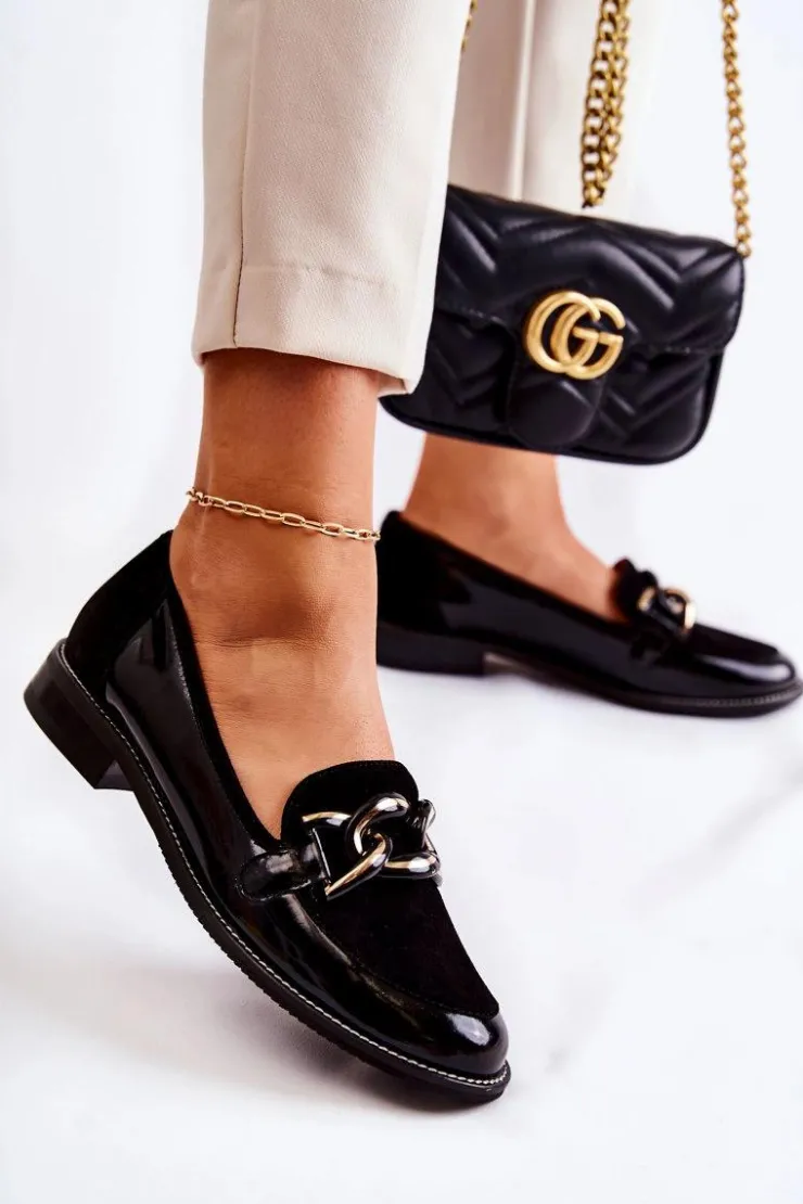 Laura Messi Mokasyny Damskie Lakierowane|Mokasyny Damskie Zamszowe*Klasyczne Mokasyny Z Łańcuchem 2531 Czarne