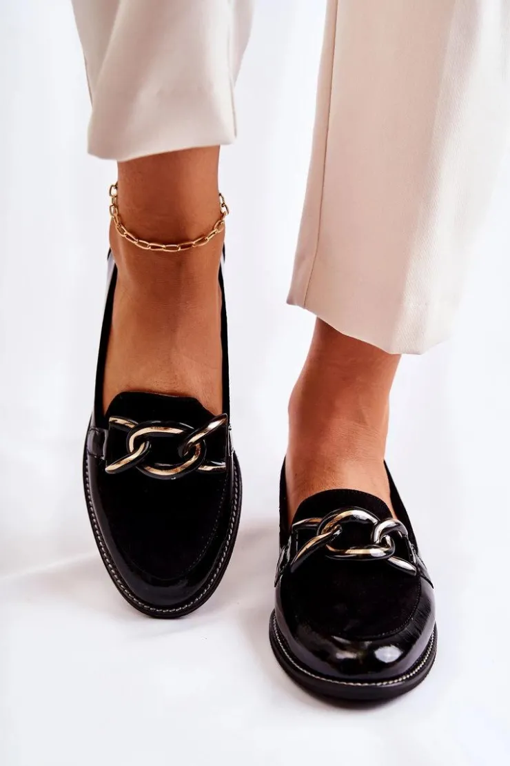 Laura Messi Mokasyny Damskie Lakierowane|Mokasyny Damskie Zamszowe*Klasyczne Mokasyny Z Łańcuchem 2531 Czarne