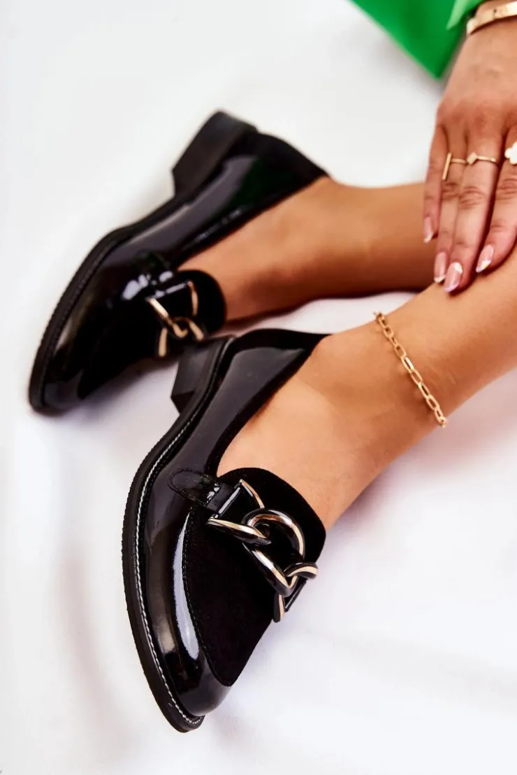 Laura Messi Mokasyny Damskie Lakierowane|Mokasyny Damskie Zamszowe*Klasyczne Mokasyny Z Łańcuchem 2531 Czarne