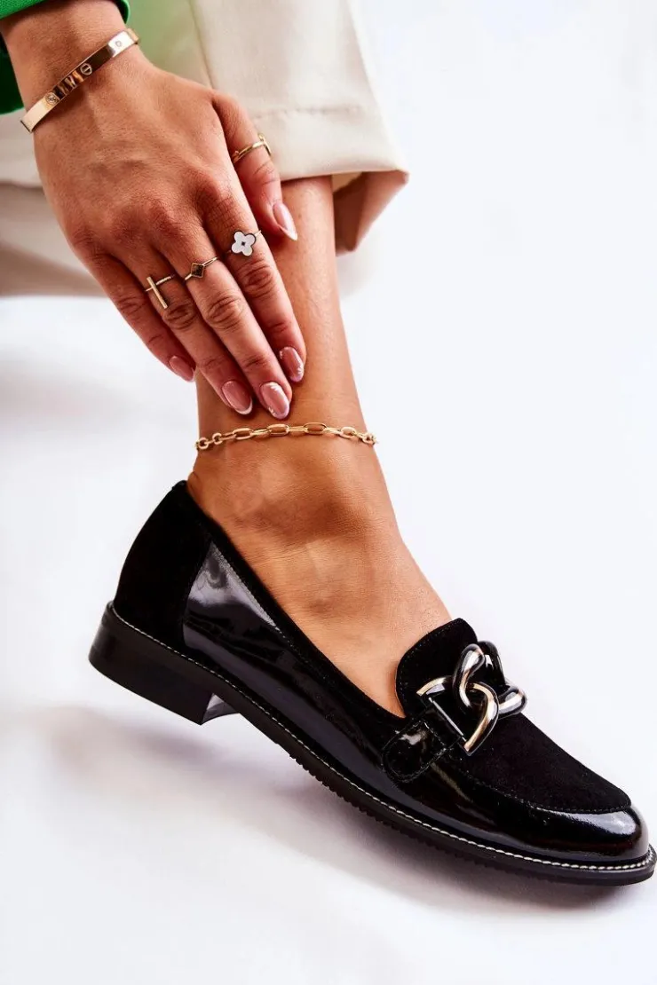 Laura Messi Mokasyny Damskie Lakierowane|Mokasyny Damskie Zamszowe*Klasyczne Mokasyny Z Łańcuchem 2531 Czarne