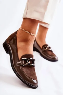 Damskie Laura Messi Klasyczne Mokasyny Z Łańcuchem 2531 Brązowe