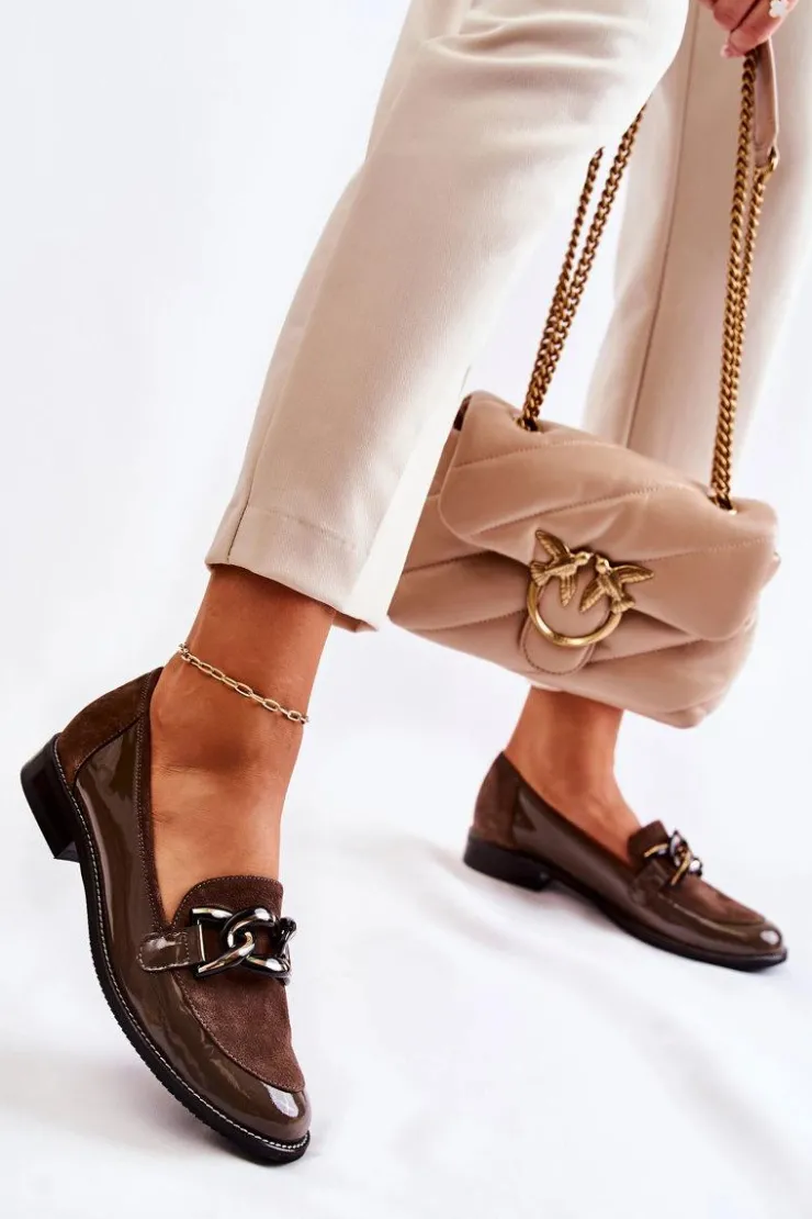 Damskie Laura Messi Klasyczne Mokasyny Z Łańcuchem 2531 Brązowe