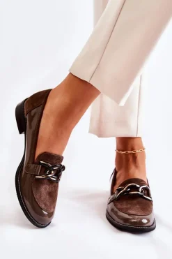 Damskie Laura Messi Klasyczne Mokasyny Z Łańcuchem 2531 Brązowe