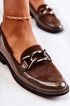 Damskie Laura Messi Klasyczne Mokasyny Z Łańcuchem 2531 Brązowe