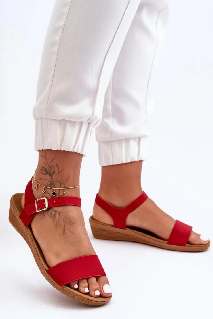 Boto Sandały Na Koturnie*Klasyczne Sandały Na Niskim Koturnie Czerwone Arya