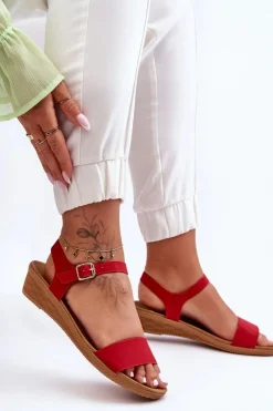 Boto Sandały Na Koturnie*Klasyczne Sandały Na Niskim Koturnie Czerwone Arya