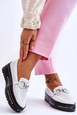 Damskie buty S.Barski Loafersy Damskie|Mokasyny Damskie Skórzane*Klasyczne Skórzane Ażurowe Mokasyny Z Ozdobą Białe Rendy