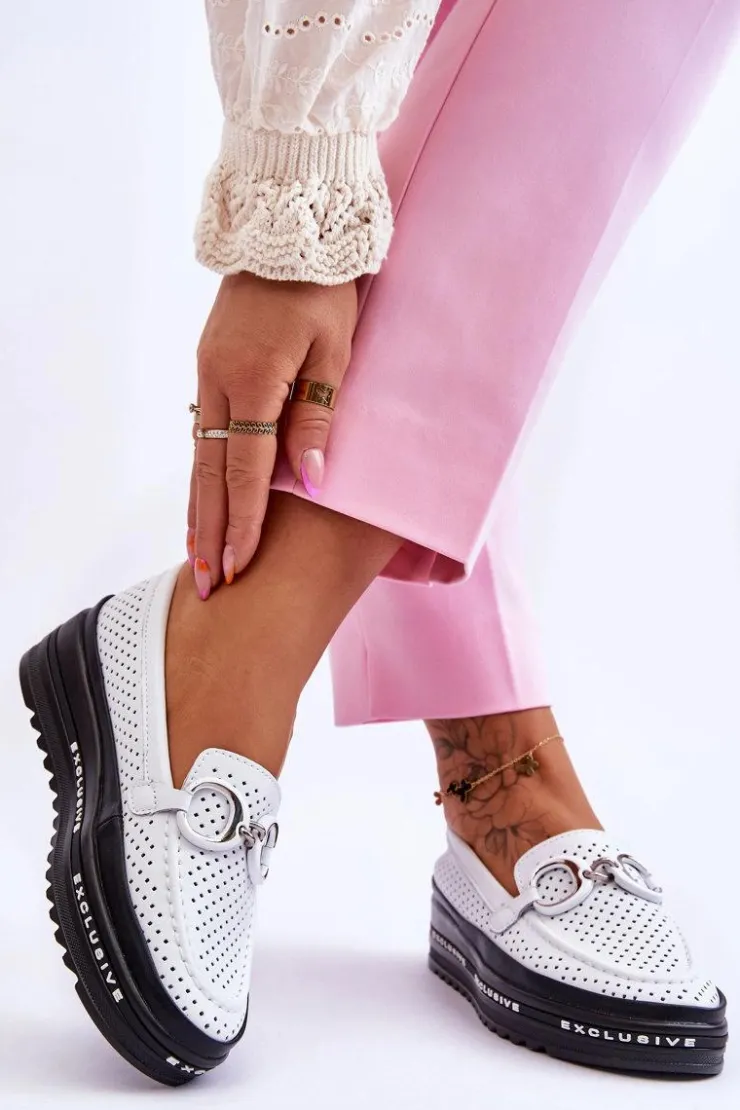 Damskie buty S.Barski Loafersy Damskie|Mokasyny Damskie Skórzane*Klasyczne Skórzane Ażurowe Mokasyny Z Ozdobą Białe Rendy