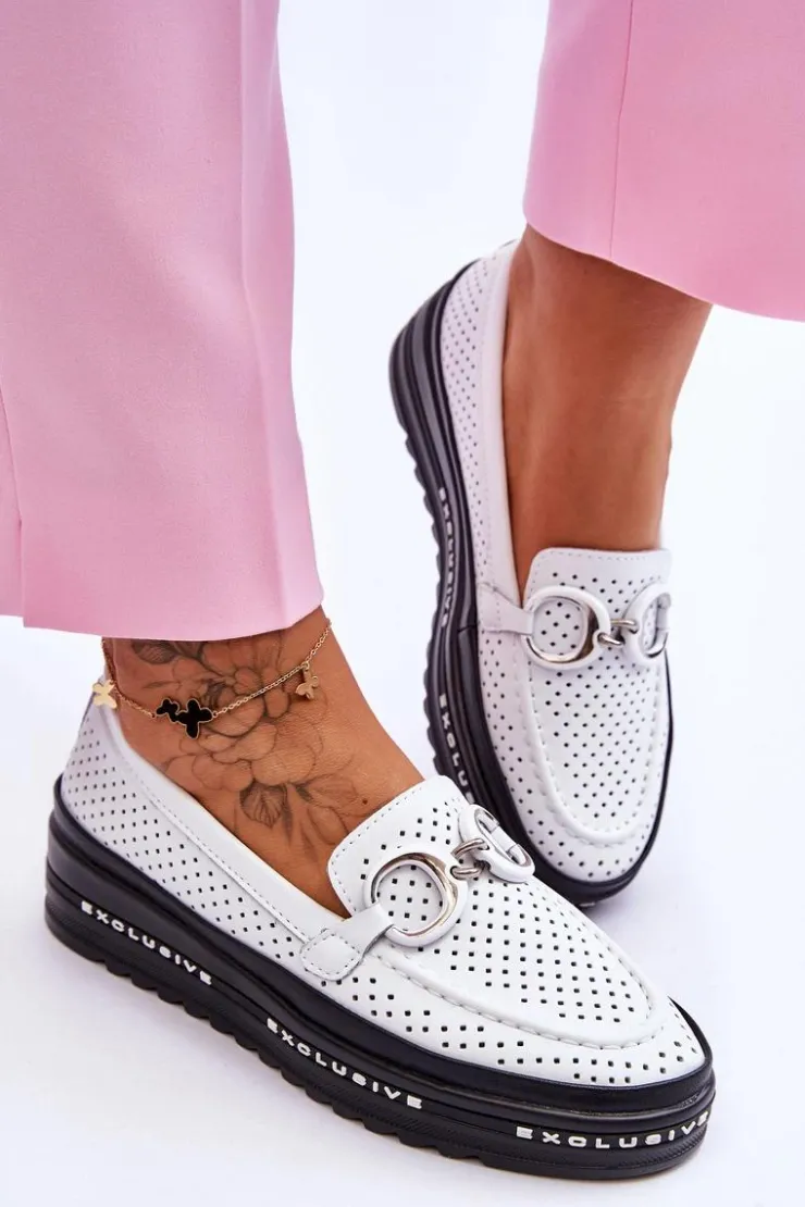 Damskie buty S.Barski Loafersy Damskie|Mokasyny Damskie Skórzane*Klasyczne Skórzane Ażurowe Mokasyny Z Ozdobą Białe Rendy