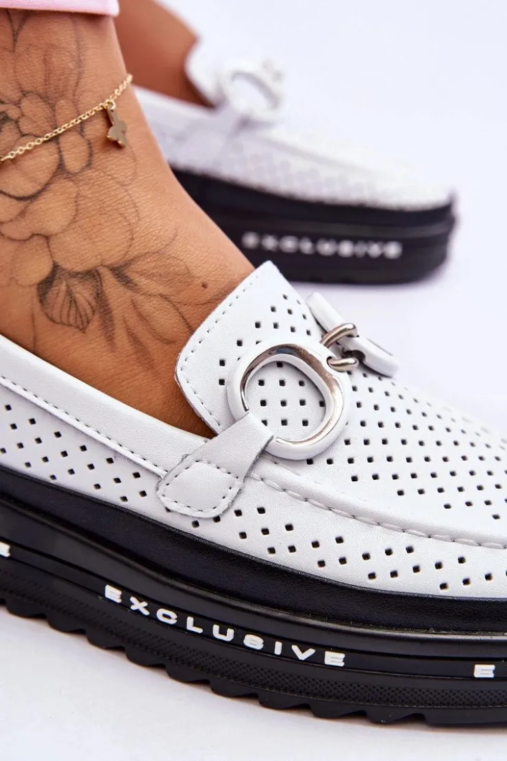 Damskie buty S.Barski Loafersy Damskie|Mokasyny Damskie Skórzane*Klasyczne Skórzane Ażurowe Mokasyny Z Ozdobą Białe Rendy