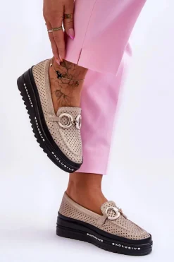 Damskie Damskie buty S.Barski Klasyczne Skórzane Ażurowe Mokasyny Z Ozdobą Złote Rendy