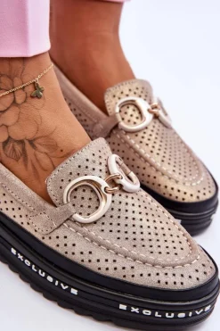 Damskie Damskie buty S.Barski Klasyczne Skórzane Ażurowe Mokasyny Z Ozdobą Złote Rendy