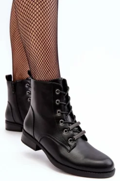 Damskie buty S.Barski Botki Sznurowane|Czarne Botki*Klasyczne Skórzane Damskie Ocieplane Botki S.Barski HY75-10 Czarne