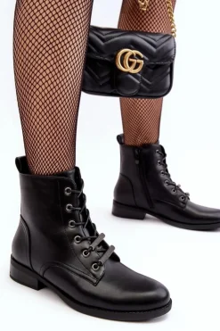 Damskie buty S.Barski Botki Sznurowane|Czarne Botki*Klasyczne Skórzane Damskie Ocieplane Botki S.Barski HY75-10 Czarne