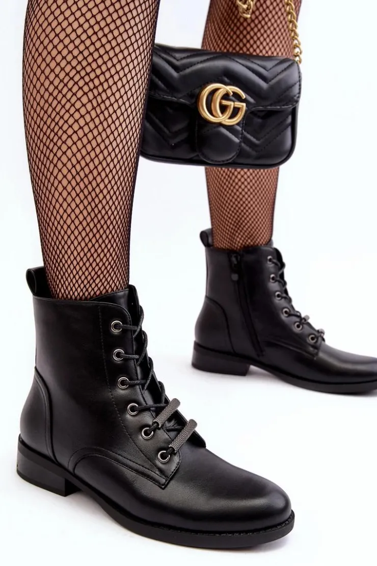 Damskie buty S.Barski Botki Sznurowane|Czarne Botki*Klasyczne Skórzane Damskie Ocieplane Botki S.Barski HY75-10 Czarne