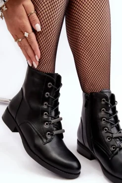 Damskie buty S.Barski Botki Sznurowane|Czarne Botki*Klasyczne Skórzane Damskie Ocieplane Botki S.Barski HY75-10 Czarne