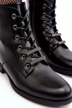 Damskie buty S.Barski Botki Sznurowane|Czarne Botki*Klasyczne Skórzane Damskie Ocieplane Botki S.Barski HY75-10 Czarne