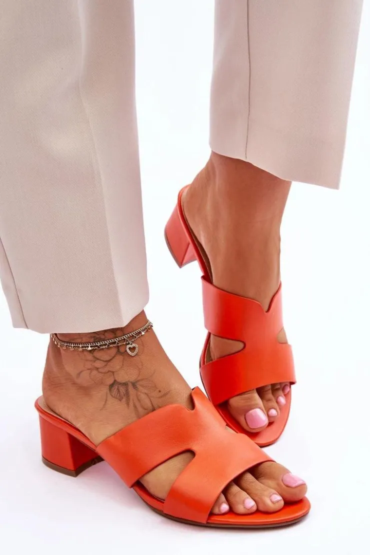 Hot Boto Klasyczne Skórzane Klapki Na Niskim Obcasie Pomarańczowe Miley