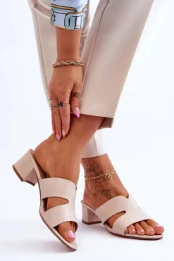 Damskie Boto Klasyczne Skórzane Klapki Na Niskim Obcasie Beżowe Miley