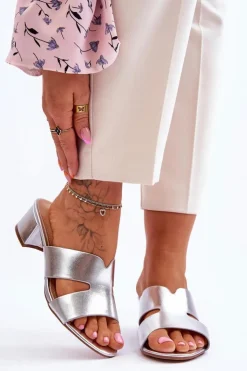 Damskie Boto Klasyczne Skórzane Klapki Na Niskim Obcasie Srebrne Miley