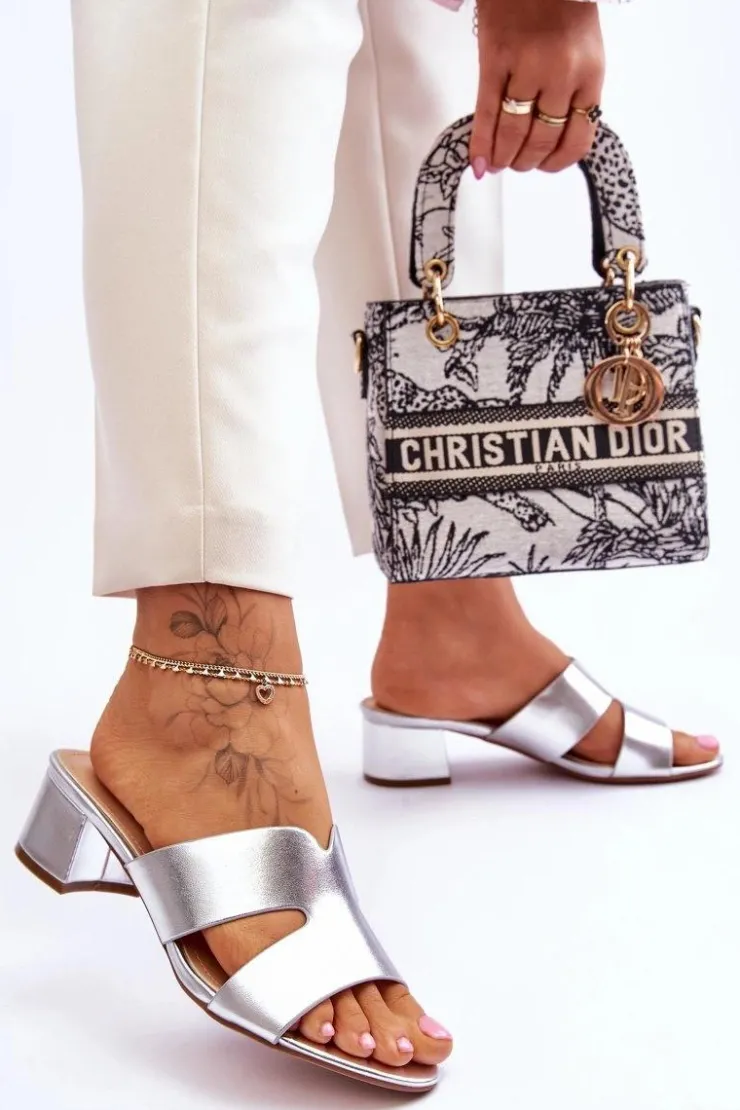 Damskie Boto Klasyczne Skórzane Klapki Na Niskim Obcasie Srebrne Miley