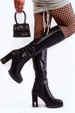 Damskie Boto Klasyczne Skórzane Kozaki Na Słupku Czarne Kornelli