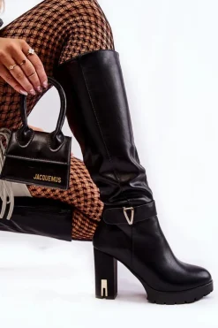 Damskie Boto Klasyczne Skórzane Kozaki Na Słupku Czarne Kornelli