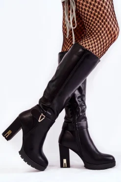 Damskie Boto Klasyczne Skórzane Kozaki Na Słupku Czarne Kornelli