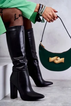 Damskie Boto Klasyczne Skórzane Kozaki Na Obcasie Czarne Tressa