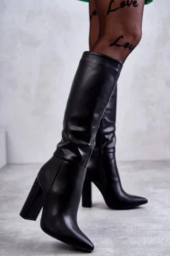 Damskie Boto Klasyczne Skórzane Kozaki Na Obcasie Czarne Tressa