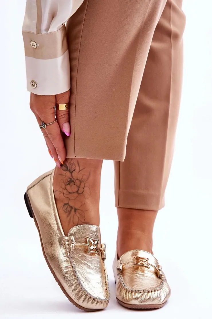 Damskie Laura Messi Klasyczne Skórzane Mokasyny Z Ozdobą 2459 Złote