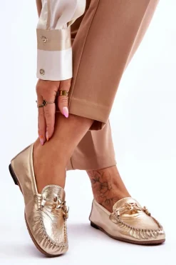 Damskie Laura Messi Klasyczne Skórzane Mokasyny Z Ozdobą 2459 Złote