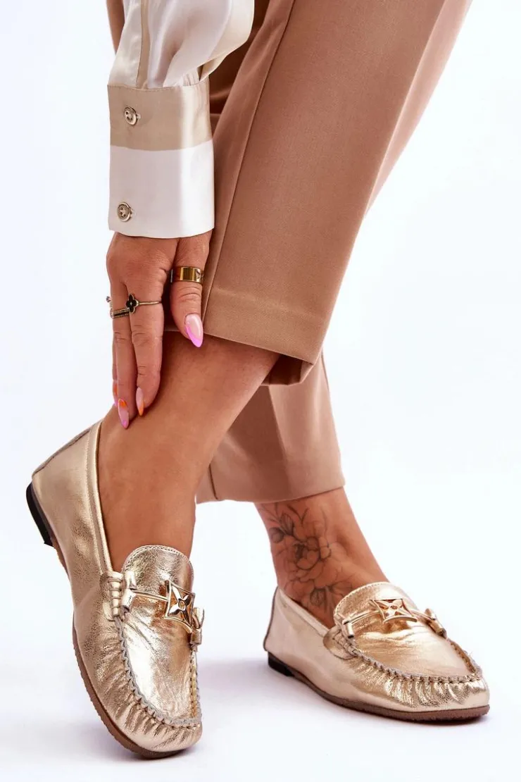 Damskie Laura Messi Klasyczne Skórzane Mokasyny Z Ozdobą 2459 Złote