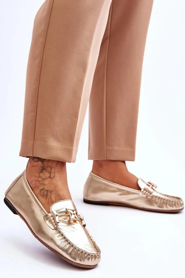 Damskie Laura Messi Klasyczne Skórzane Mokasyny Z Ozdobą 2459 Złote