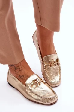Damskie Laura Messi Klasyczne Skórzane Mokasyny Z Ozdobą 2459 Złote