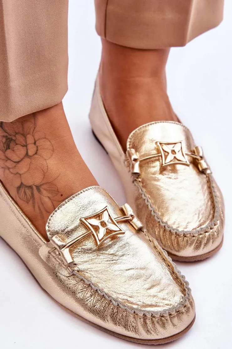 Damskie Laura Messi Klasyczne Skórzane Mokasyny Z Ozdobą 2459 Złote